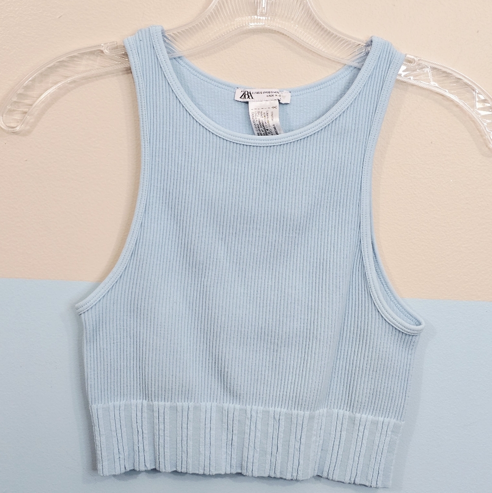 Zara Light Blue Sleeveless Ribbed Crop Top - Picture 2 of 6